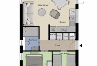 Plantegning af lodge Veldzicht i Forest Park Ede, Holland, med to soveværelser, stue og køkken.