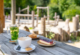 Mesa de madera con café, té y pastel en el parque vacacional Gooise Heide en North Holland, Países Bajos.