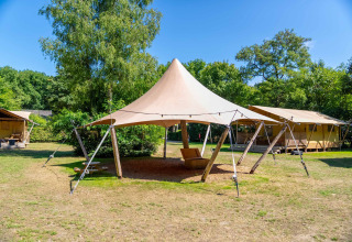 Outdoor tent structure and glamping cabins surrounded by trees in Gooise Heide holiday park, Netherlands.