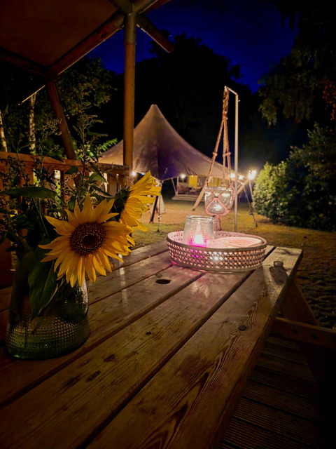 Noche en el parque vacacional Gooise Heide, Holanda del Norte: mesa de madera con girasoles y vela encendida.