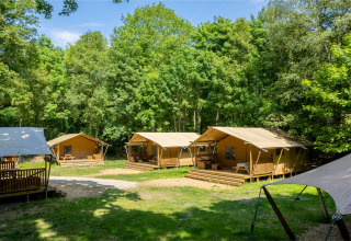 Udendørs glamping-telte i ferieparken Gooise Heide i Nordholland, Holland, omgivet af grønne træer