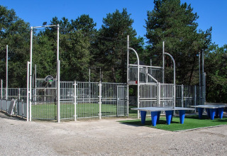 Espace de sport extérieur avec terrain clôturé et tables de ping-pong à Flower Camping la Pinède, Auvergne-Rhône-Alpes.
