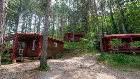 Wooden cabins with red accents nestled in a forest at Flower Camping la Pinède, Auvergne-Rhône-Alpes, France.