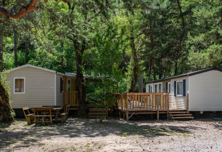Due case mobili tra gli alberi al Flower Camping la Pinède in Auvergne-Rhône-Alpes, Francia.