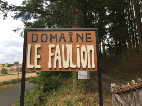Sign for Domaine Le Faulion, a holiday park in Bourgogne-Franche-Comté, France, set by a forested roadside.