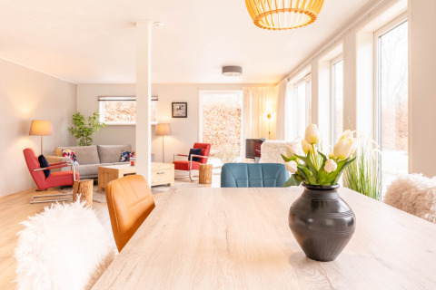 Ampio soggiorno luminoso nella Villa «BushBush» a De Kremmer, Paesi Bassi, con arredi moderni.