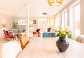 Ampio soggiorno luminoso nella Villa «BushBush» a De Kremmer, Paesi Bassi, con arredi moderni.