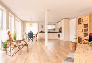Interni luminosi e spaziosi della Villa «BushBush» a De Kremmer, Paesi Bassi, con zona giorno e cucina a vista.