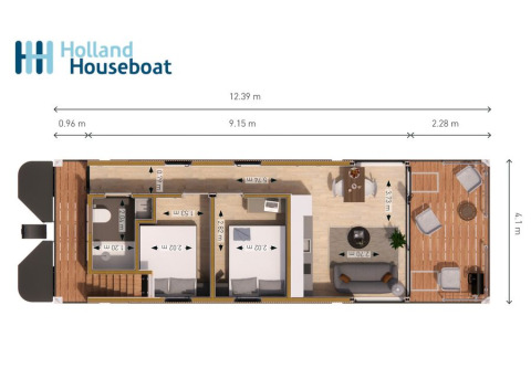 Plantegning af en Holland Houseboat i Lemmer Marina, Holland, med mål og møbleret layout.