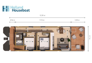 Plantegning af en Holland Houseboat i Lemmer Marina, Holland, med mål og møbleret layout.