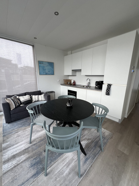 Moderne woonkamer en keuken in een woonboot aan Marina Lemmer, Nederland, met elegant interieur.