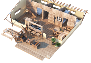 Vue intérieure de la tente safari « Dreamer » à Baalse Hei en Belgique avec mobilier en bois et terrasse.