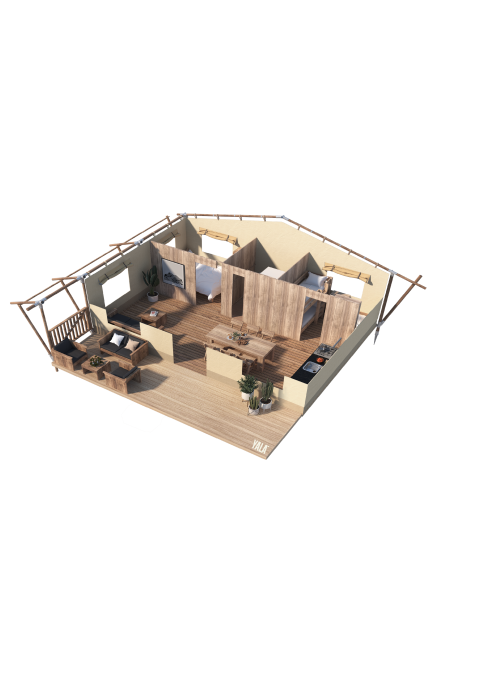 3D-Grundriss des Stardust 40 Family Lodge Safari-Zelts in Arden Parks - Signy l'Abbaye, Frankreich.
