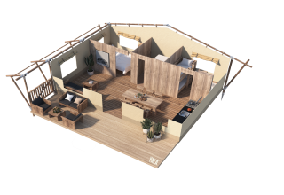 3D-plan van Stardust 40 Family Lodge safaritent bij Arden Parks - Signy l'Abbaye, Frankrijk.