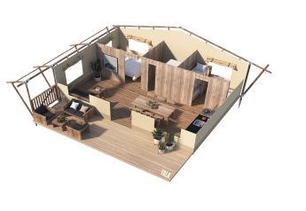 3D-Grundriss des Stardust 40 Family Lodge Safari-Zelts in Arden Parks - Signy l'Abbaye, Frankreich.