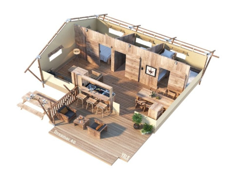 3D-Grundriss des Safari-Zelts Dreamer 40 bei Arden Parks - Signy l'Abbaye, mit rustikalem Holzdesign.