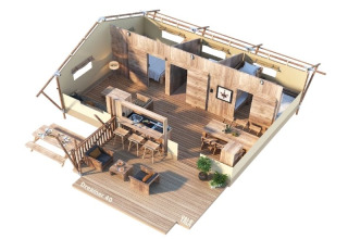 3D-Grundriss des Safari-Zelts Dreamer 40 bei Arden Parks - Signy l'Abbaye, mit rustikalem Holzdesign.