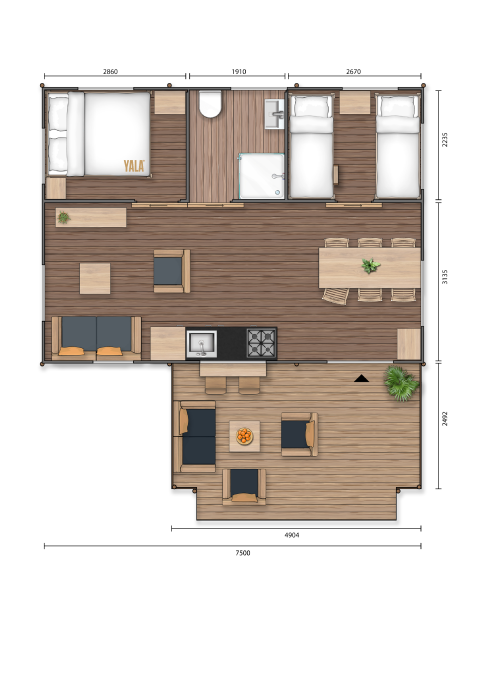 Plattegrond van safaritent Dreamer 40 bij Arden Parks - Signy l'Abbaye in Frankrijk, met ingerichte kamers.