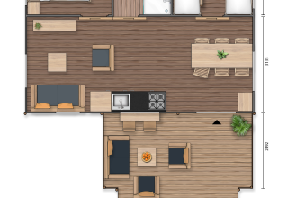 Plattegrond van safaritent Dreamer 40 bij Arden Parks - Signy l'Abbaye in Frankrijk, met ingerichte kamers.