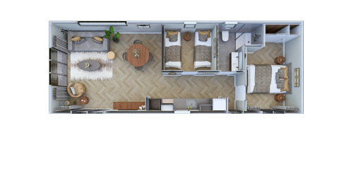 Vue aérienne d’un logement glamping comprenant salon, salle à manger, deux chambres et salle de bain.