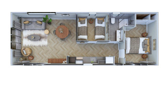 Bovenzicht van een glampingverblijf met zithoek, eethoek, twee slaapkamers en een moderne badkamer.