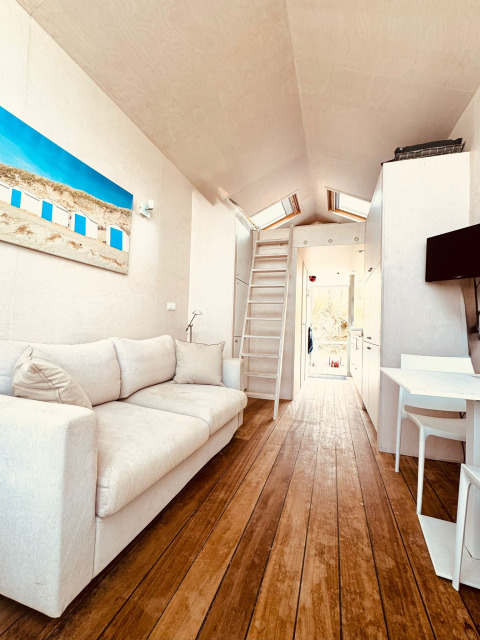Moderne, lys indretning af en strandhytte med sofa, trægulv og hems i Dishoek, Holland.