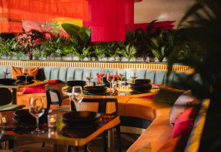 Kleurrijke restaurantlounge bij Biesbosch-lodge op Resort Mooi Bemelen, Nederland, met planten en tafels.