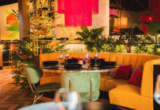 Restaurant met gele bank, groene stoelen, kerstboom en veel tropisch ogende planten en sfeerverlichting.