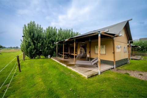 Safari-teltet 'Nomad Family' i Holiday Village Knokke, Belgien, med terrasse og grønne omgivelser.
