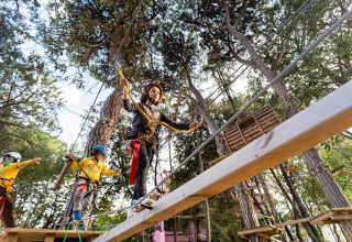 Children wearing helmets and harnesses cross an adventure rope course at Spina Family Collection holiday park.