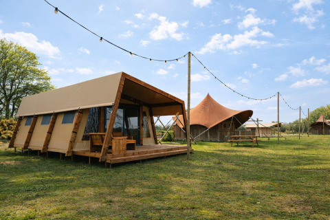 Safari teltet Tribe lodgetent og andre glamping telte på Holiday park Mölke i Holland under en blå himmel.
