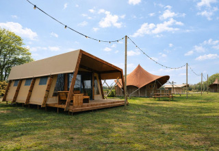 Safari teltet Tribe lodgetent og andre glamping telte på Holiday park Mölke i Holland under en blå himmel.