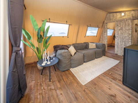 Area soggiorno accogliente nella Tribe lodgetent con divani morbidi, pianta e pavimento in legno in Olanda.