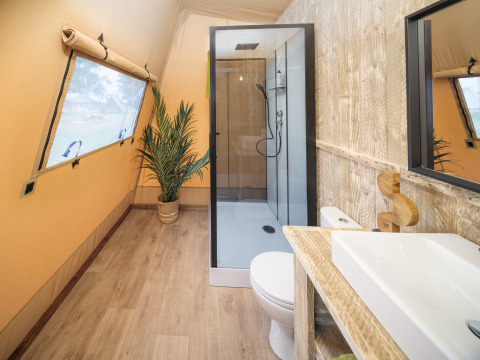 Lyst badeværelse i Tribe lodgetelt på Holiday park Mölke med bruser, toilet, håndvask og plante.