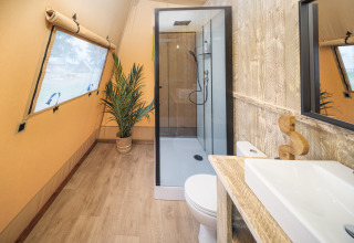 Baño luminoso en la Tribe lodgetent de Holiday park Mölke con ducha, inodoro, lavabo y planta.