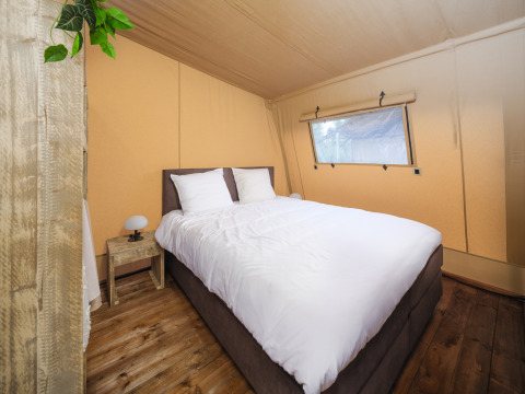 Soveværelse i en Tribe lodgetent med dobbeltseng, træbord og vindue i Holiday park Mölke, Holland.