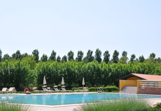 Udendørs poolområde med liggestole, parasoller og grønne træer på Dune Agriturismo i Veneto, Italien.