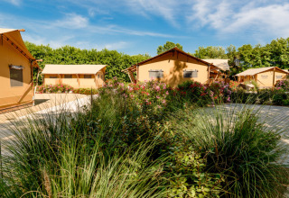 Dune Agriturismo, parc de vacances en Vénétie, Italie, avec tentes lodges, fleurs et verdure sous ciel bleu.