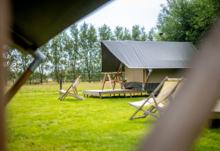 Safari tent met houten terras en ligstoelen op grasveld, omgeven door bomen en natuur in de buitenlucht.