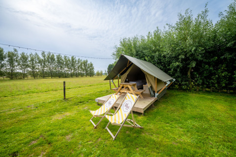 Safaritent Nomad Twin bij Holiday Village Knokke in België, tussen het groene gras en bomen.
