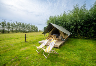Safaritent Nomad Twin bij Holiday Village Knokke in België, tussen het groene gras en bomen.