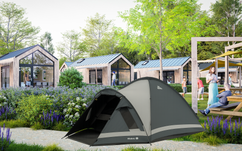 Foto van Dordogne Deluxe lodges met bijzettent en mensen, genomen bij La Draille in Frankrijk.