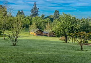 Foto van safaritent bij Camping Lestaubiere in Frankrijk, gelegen in groene weide met bomen.