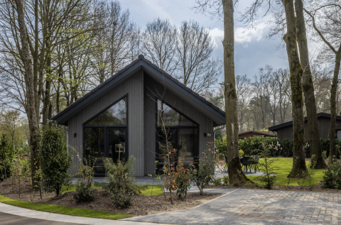 Moderno lodge chiamato Ecovilla Boszicht Comfort, circondato da alberi e verde in un contesto boschivo.
