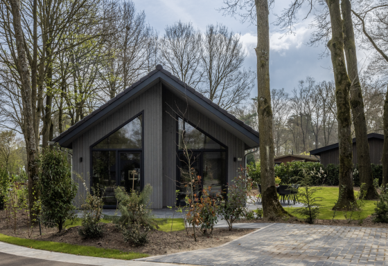 Modern lodge named Ecovilla Boszicht Comfort, surrounded by trees and greenery in a forest setting.