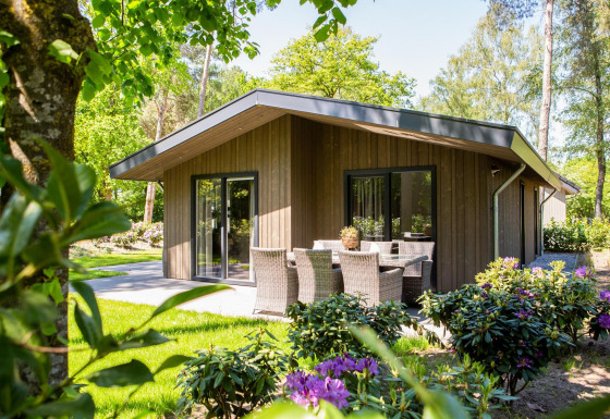 Lodge Villa Bosrand Comfort con rivestimento in legno, tavolo da esterno e fiori in un giardino verde.