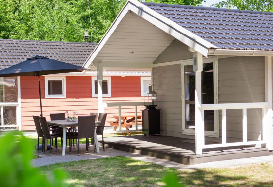 Outdoor view of Lodge Deluxe with porch, patio furniture, and umbrella, surrounded by green nature.