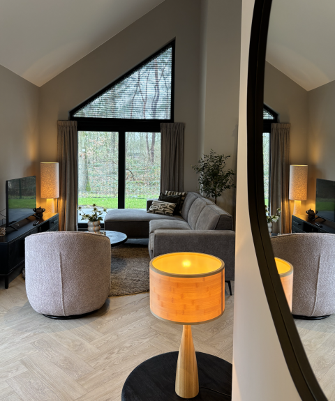 Modern living room at Ecovilla Boszicht Luxe, Holiday park Latour, Netherlands, featuring cozy decor and large windows.