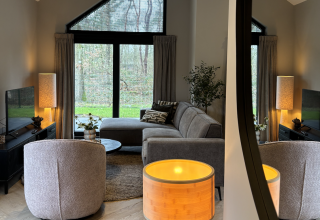 Soggiorno moderno in Ecovilla Boszicht Luxe, parco vacanze Latour, Paesi Bassi, con ampie finestre e arredo accogliente.