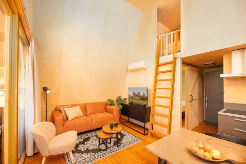 Interior de lodge luminoso con sofá, silla, escalera a un altillo y cocina moderna en los Países Bajos.
